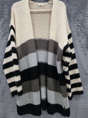 Easel Chunky Open-Front Striped Cardigan - Cream, Gray & Black
